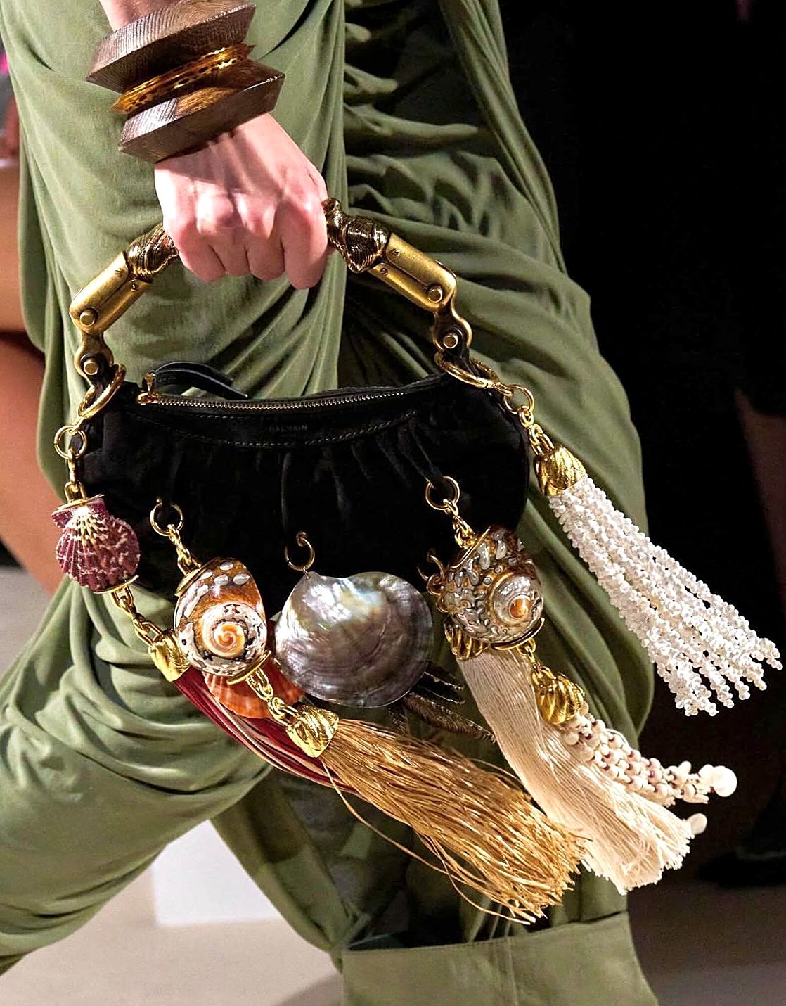 Black evening bag with shell and tassel charms